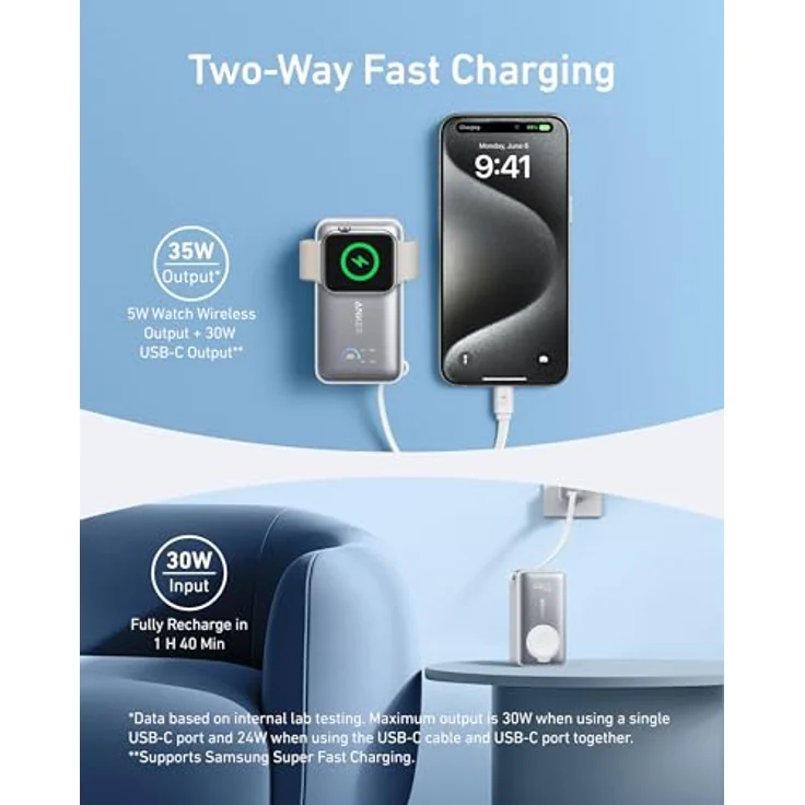 Anker MagGo Powerbank für Apple Watch, 10.000mAh mit integriertem USB-C-Kabel, 35W Max. -  Offiziell zertifiziert für Apple Watch, kompakt und reisefreundlich - Blau – Bild 3