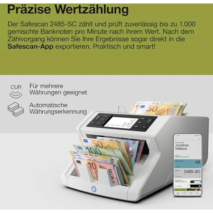 Safescan Banknotenzähler 2485-SC, Geldzählmaschine mit 100 % Falschgelderkennung, Wertzählung für bis zu 40 Währungen, Bluetooth App-Funktion, Touch-Display – Bild 3