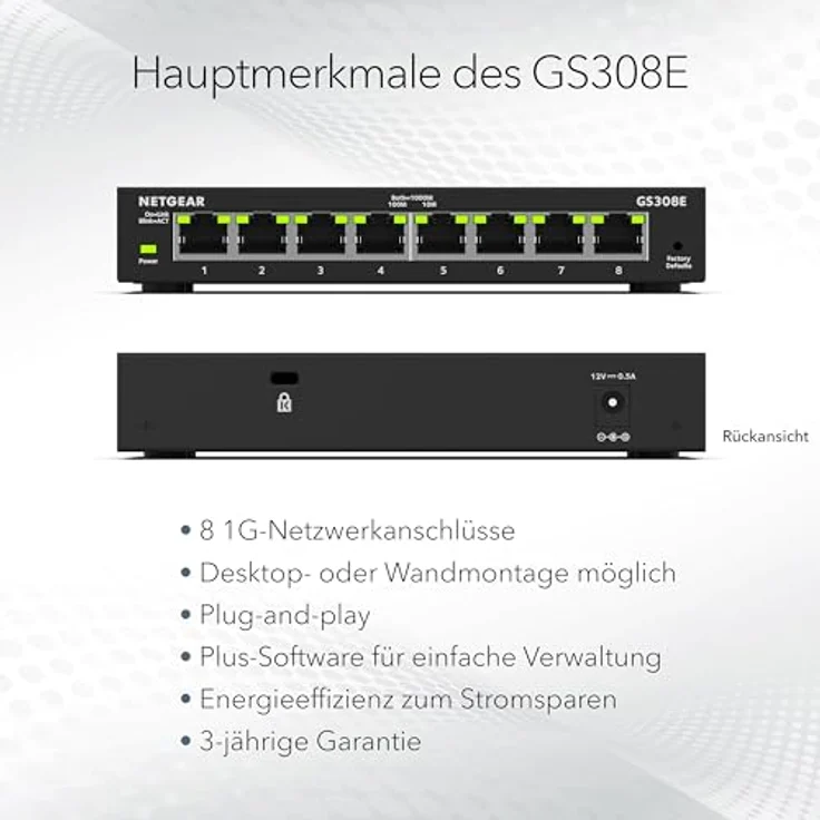 Netgear GS308E 8 Port Gigabit Ethernet LAN Switch Smart Managed Plus (Plug-and-Play, IGMP Snooping, QoS- und VLAN-Verwaltung, robustes und lüfterloses Metallgehäuse) – Bild 6