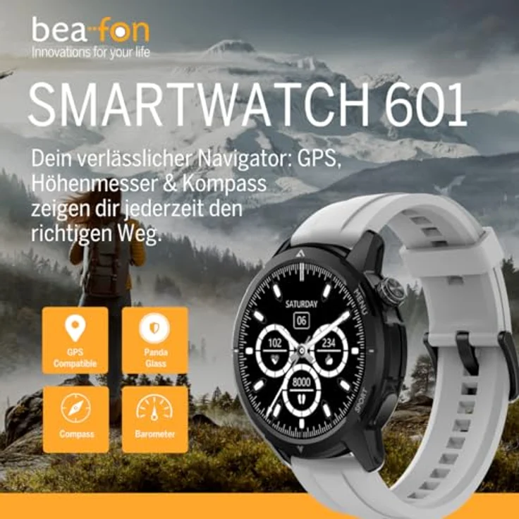 Beafon Smartwatch 601, 1,43“ AMOLED Display, IP68, 5ATM, GPS, Kompass, Sportmodus, Herzfrequenz, Blutsauerstoff, Bluetooth Anrufe, orange Armband im Lieferumfang – Bild 3