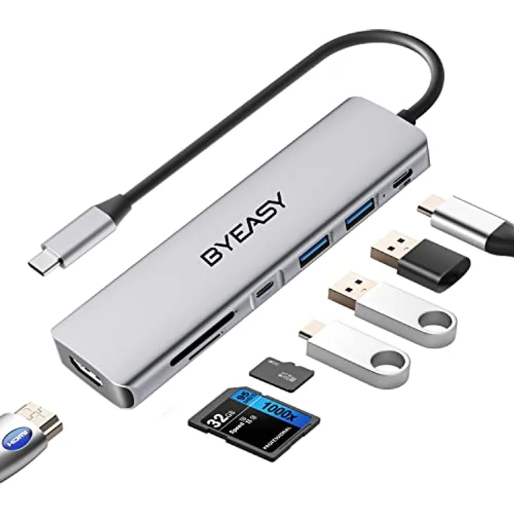 BYEASY USB C Hub, 7 in 1 USB C Splitter mit 4K HDMI, SD/TF Kartenleser, 100W Power Delivery, 2ft Kabel Ultra Slim USB C Adapter Kompatibel für Laptop und andere Typ C Geräte