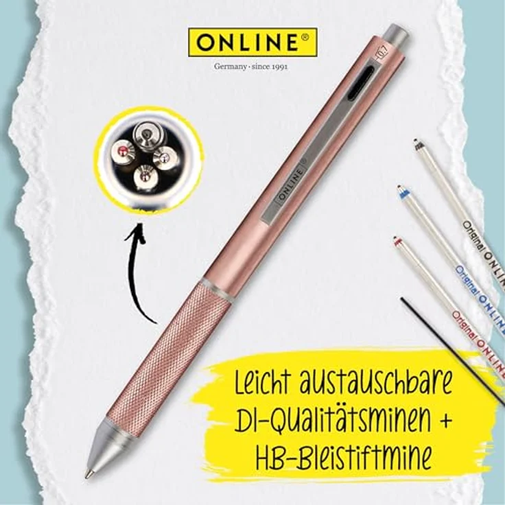 ONLINE Multipen 4-in-1, Multifunktionsstift aus Metall mit 3 Kugelschreiber-Minen in blau, schwarz und rot sowie Druckbleistift und Radierer, Farbe rosegold – Bild 4