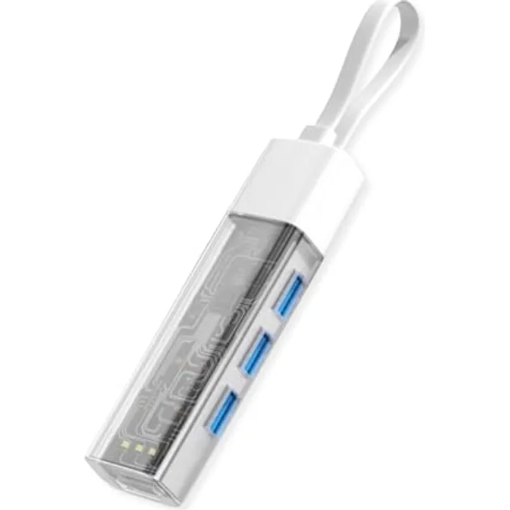ROLINE Mobiler USB 3.2 Gen 1 Hub, 4-fach mit Typ A+C Anschluss, weiß-transparent, Datentransferrate bis 5 Gbit/s