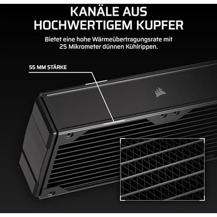 Corsair Hydro X Series XR7 360 V2 Radiator, 360 mm, schwarz, Kupfer- und Messing-Aufbau, 6x 120-mm-Lüfter kompatibel, Push-Pull-Konfiguration, 54 mm dick, 2x G1/4-Anschlüsse – Bild 4