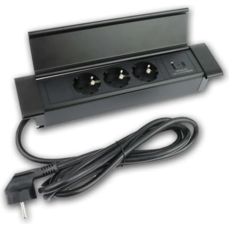 world-trading-net FLATBOX Tisch-Einbausteckdose 3-Fach mit USB-A & USB-C, flach, Aluminium/Kunststoff, 230V, 3600W, 1,8m Kabel, IP20 für Schreibtisch und Arbeitsplatte – Bild 1