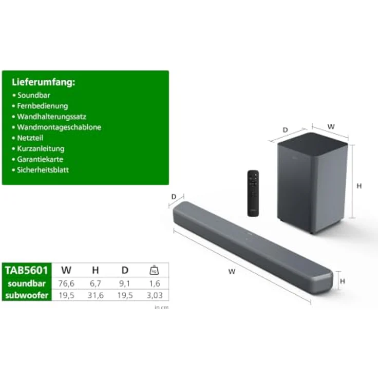 Philips TAB5601/10, 2.1 Soundbar mit Subwoofer, 145 W, Dolby Digital Plus, DTS Virtual:X, Intellisound, Bluetooth, HDMI ARC – Bild 2
