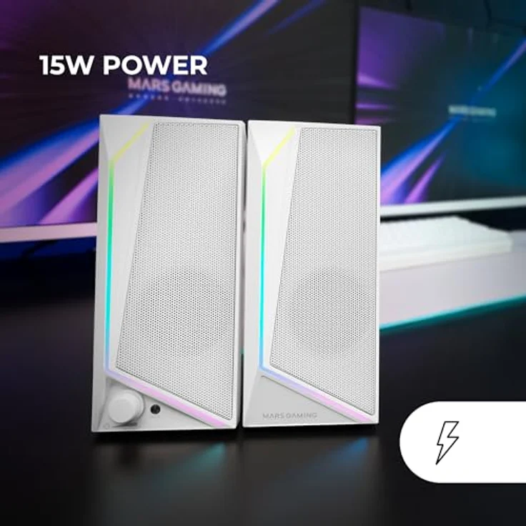 Mars Gaming MS72, Gaming-Lautsprecher 15W, RGB Flow Beleuchtung, 2 Aktive Treiber, Plug&Play USB- und 3,5mm-Klinkenanschluss, Lautstärkeregler, Audioanschluss für Kopfhörer, Weiß – Bild 2