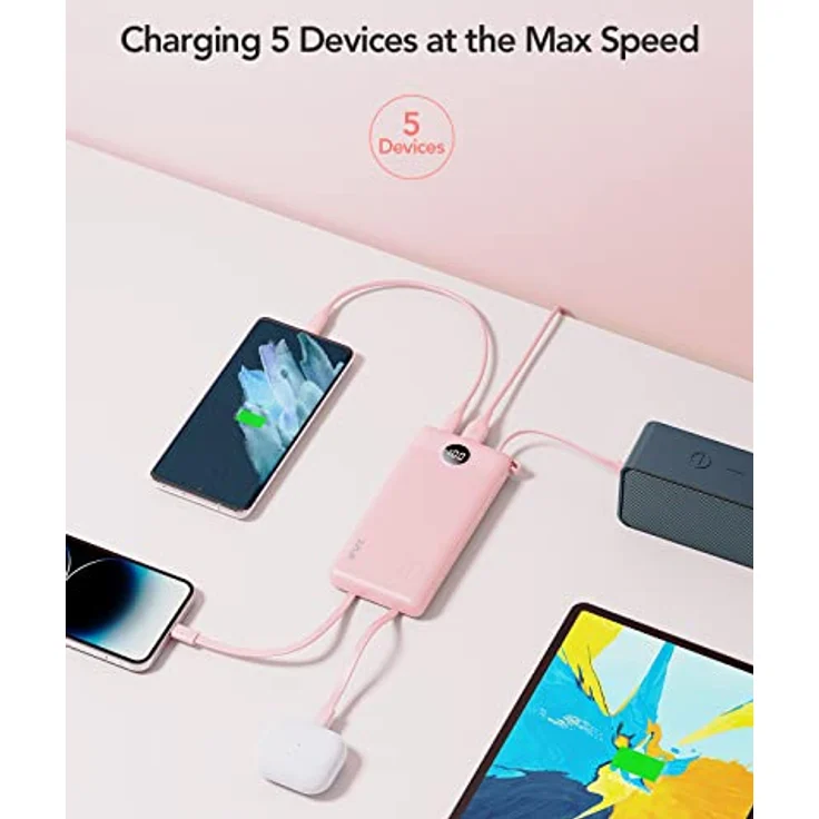 VRURC 10000mAh Power Bank mit 4 Kabeln, tragbares Ladegerät mit 5 Ausgängen, USB C und LED Display, kompatibel mit iPhone, Huawei, Samsung und Android Smartphones – Bild 4