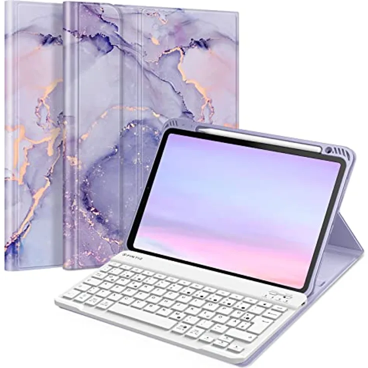 Fintie Tastatur Hülle für iPad Air 11 Zoll M2, iPad Air 6/5/4 (2024/2022/2020) 10,9 Zoll, TPU Rückschale Schutzhülle mit Stifthalter, magnetisch Abnehmbarer Keyboard (QWERTZ Layout), Lila Marmor