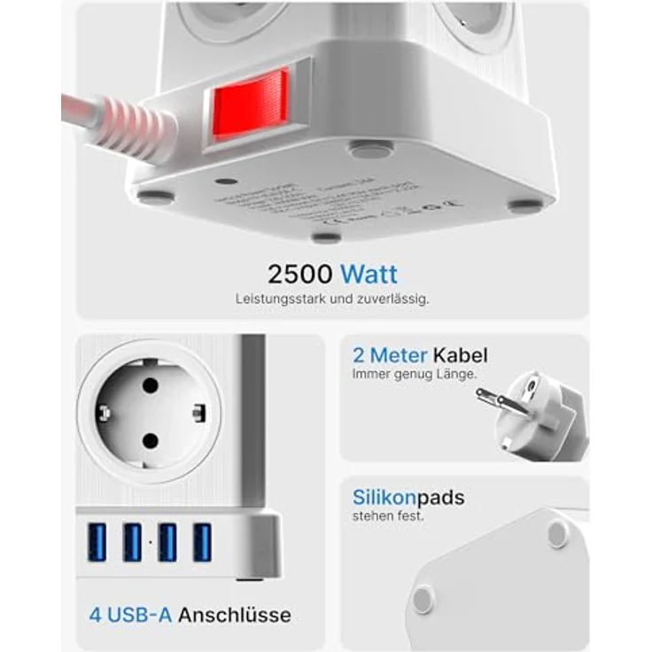 Voomy VOOMY 9-in-1 Steckdosenwürfel mit USB, Steckdosenleiste 5-Fach mit 4 USB, Mehrfachsteckdose mit Schalter, Steckdosenleiste Überspannungsschutz, 2500W Powercube 2M Kabel für Büro, Zuhause, Weiß – Bild 5
