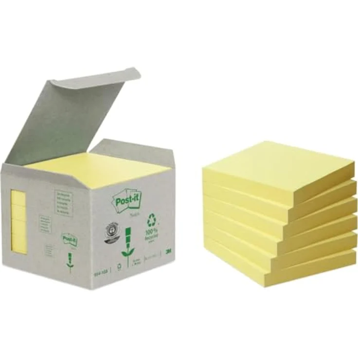 Post-it Notes Recycling Haftnotizblock, 76x76mm, gelb, 600 Blatt (6x100) in Vorratsbox, rückstandsfrei lösbar, aus 100% Altpapier – Bild 1
