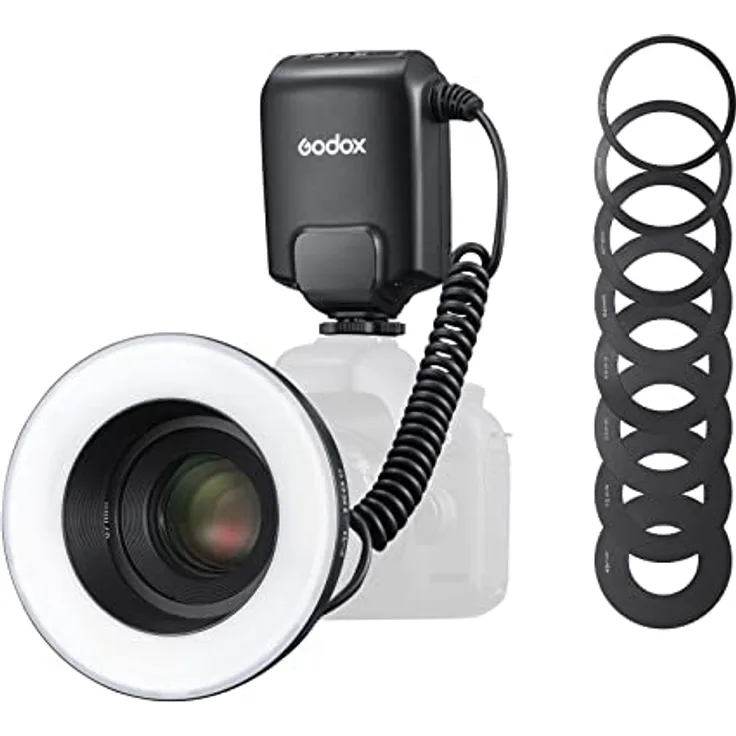 Godox ML150II Makro Ringblitz - Perfektes Licht für Makrofotografie - 4xAA Alkaline-Batterien - Einstellbare Helligkeit - Hohe Leitzahl GN12