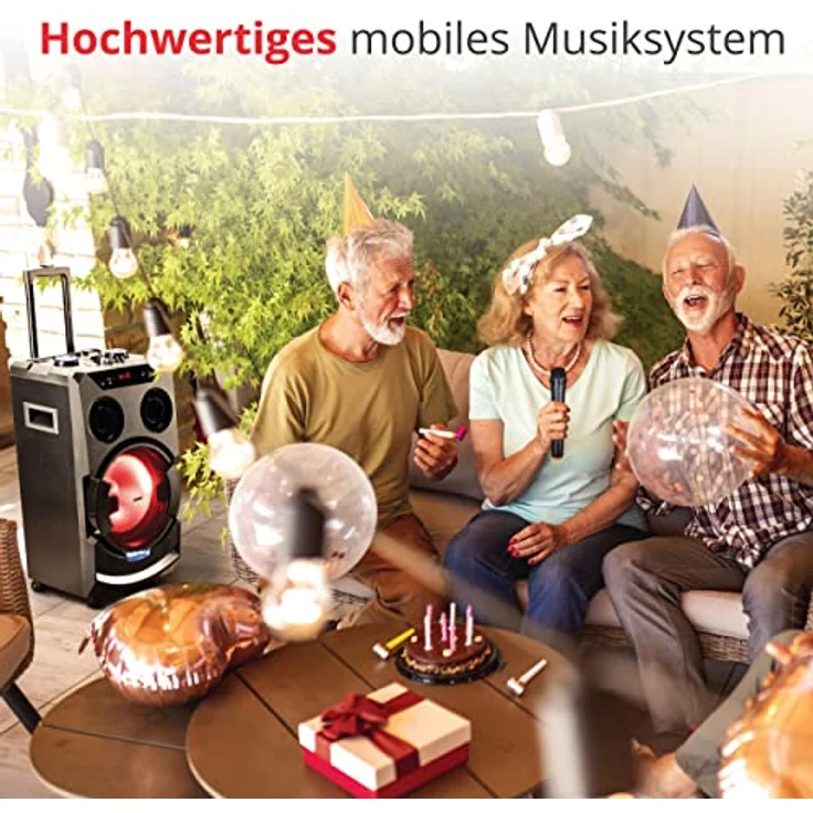 AKAI ABTS-112, Aktivlautsprecher mit drahtlosem Mikrofon, Bluetooth, USB, FM Radio, Akku und mehrfarbigen RGB LED Tanzlichtern – Bild 5