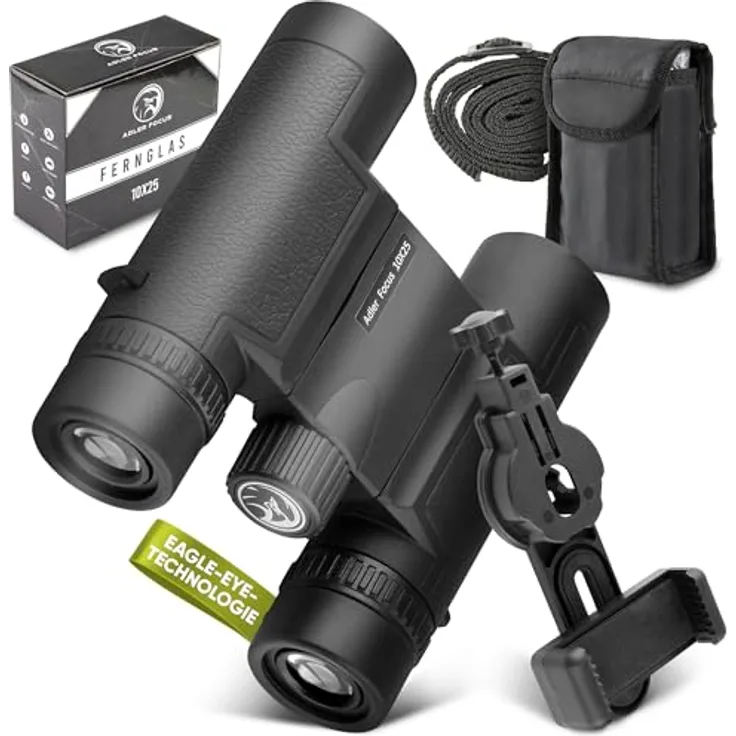 Adler Focus Fernglas 10x25, Eagle-Eye-Technologie, HD Augenmuschel, BAK4+FMC, wasserdicht, für Brillenträger, Schwarz