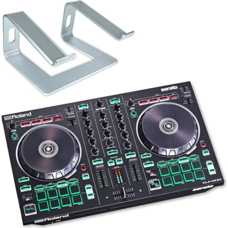 Roland DJ-202, 2-Kanal 4-Deck USB-DJ-Controller mit keepdrum Laptopständer, Silber – Bild 1