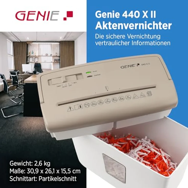 GENIE 440 X II Aktenvernichter, Cross-Cut Papierschredder P-4, 9-Liter-Behälter, Braun-Weiß, Überhitzungsschutz, Rücklauffunktion – Bild 2