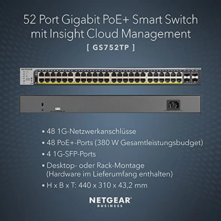 Netgear GS752TP 52-Port Gigabit Ethernet LAN PoE Switch Smart Managed Pro (mit 48x PoE+ 380W, 4x 1G-SFP, Desktop- oder Rack-Montage mit ProSAFE Lifetime-) – Bild 2