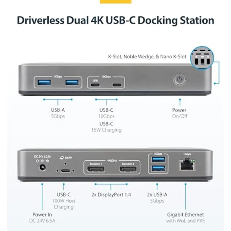 StarTech USB-C Dockingstation, Dual 4K 60Hz DisplayPort MST Dock, 100W Power Delivery, 1GbE, treiberlos für Windows – Bild 2