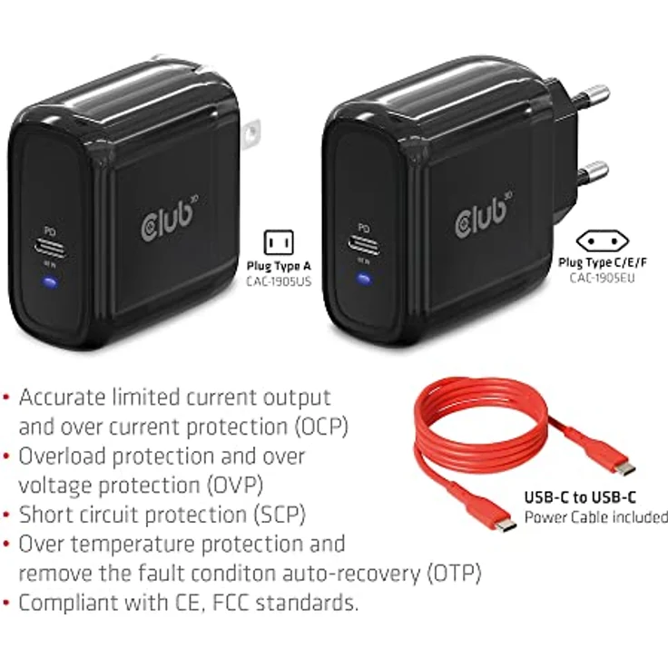 CLUB3D Travel Charger 65W GAN technology Single port USB Type-C Power Delivery(PD) 3.0 Support (CAC-1905EU) – Bild 6