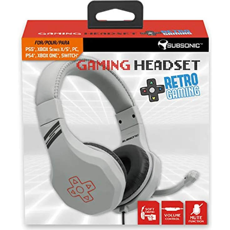 Subsonic - Gaming Headset - Stereo Kopfhörer mit Mikrofon für Playstation 4 - PS4 Slim - PS4 Pro - Xbox One - PC - Retro Gaming Edition grau