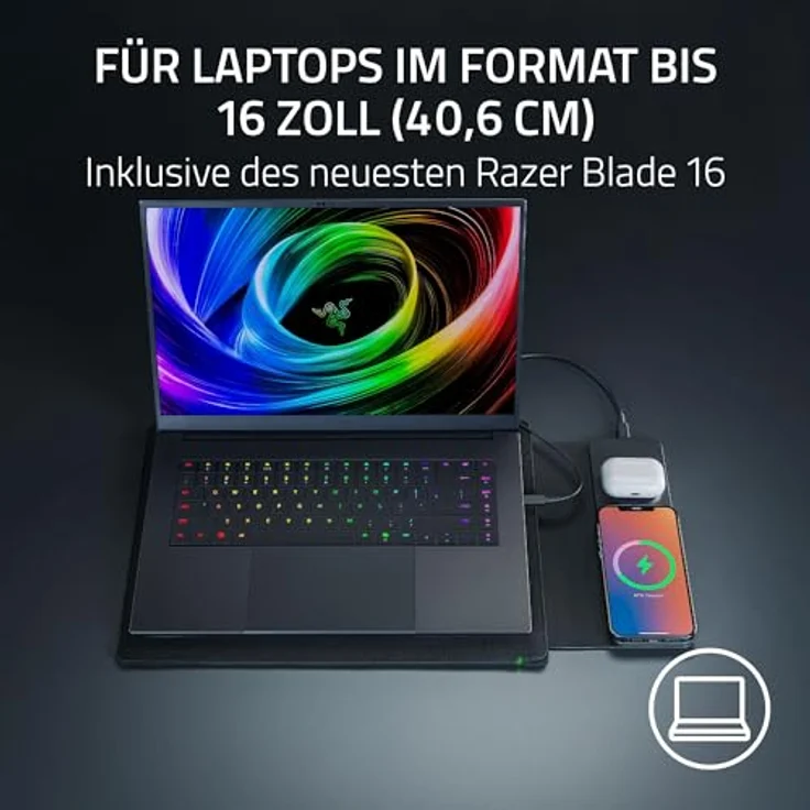 Razer Laptop Sleeve 16" mit kabellosem Laden, MagSafe-kompatibel für Smartphone und Earbuds, Schnellladen bis 15W, gepolstertes Innenfutter, leichtes Polyestergewebe, Schwarz – Bild 4