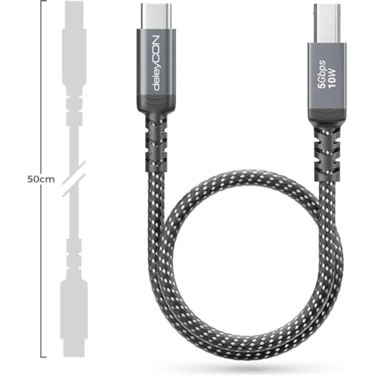 deleyCON USB 3.2 Gen1x1, 0,5m USB-C auf USB-B Kabel mit 5 Gbit/s Übertragungsgeschwindigkeit, Schwarz – Bild 3