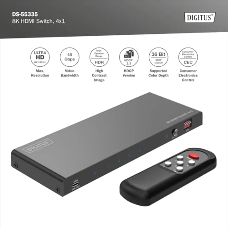 DIGITUS DS-55335 HDMI Switch 4x1 – UHD 8K/60 Hz – HDR, DTS, Dolby Digital – Für TV, Monitor, PS5, Xbox - Metallgehäuse – Bild 4