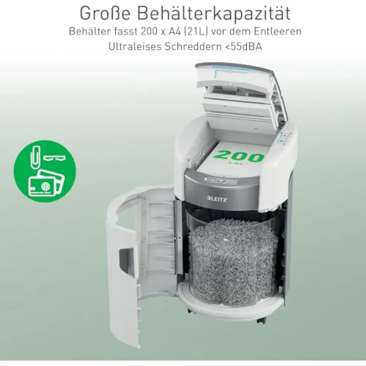 Leitz IQ OptiMax Autofeed 200, Partikelschnitt Aktenvernichter P-4, 200 Blatt Kapazität, BRT Technologie, 21 l Behälter – Bild 4