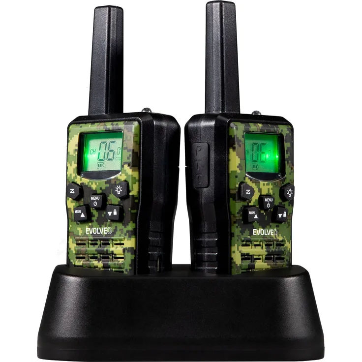EVOLVEO FreeTalk 2W, PMR-Funkgeräte mit 0,5 und 2 W Leistung, bis zu 15 km Reichweite, Armee-Tarnmuster, wiederaufladbarer Akku, LED-Taschenlampe