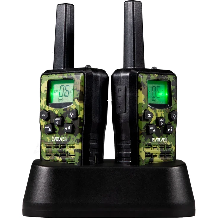 EVOLVEO FreeTalk 2W, PMR-Funkgeräte mit 0,5 und 2 W Leistung, bis zu 15 km Reichweite, Armee-Tarnmuster, wiederaufladbarer Akku, LED-Taschenlampe