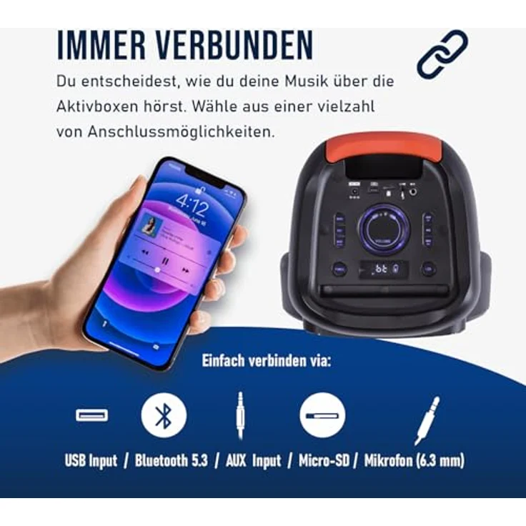 Fontastic Party Lautsprecher Rokka, tragbarer Trolley-Bluetooth Lautsprecher mit USB-Wiedergabe, AUX, MicroSD, LED-RGB Lichteffekten und Mikrofon, Schwarz – Bild 4