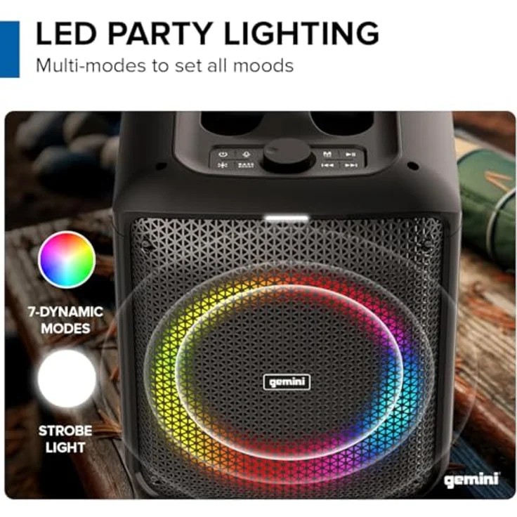 Gemini Sound GGO-650L, tragbare Bluetooth-Boombox 100W mit LED-Partybeleuchtung, TWS-Kopplungsfunktion und Funkmikrofon, aufladbarer Akku, 10 Stunden Laufzeit, USB und AUX – Bild 3