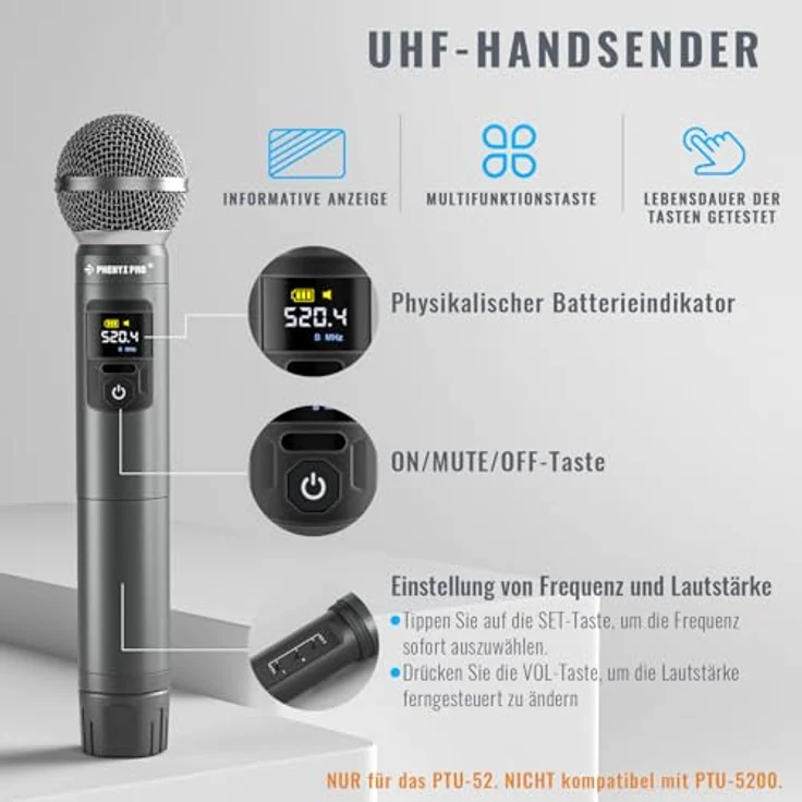 Phenyx Pro PTU-52-1H1B, Dual UHF Funkmikrofon-Set mit 30 Frequenzen, Handmikrofon und Bodypack, robuste Bauweise – Bild 4