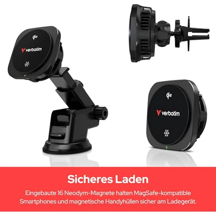 Verbatim Magnetic Wireless Car Charger, Qi2 Schnellladung bis zu 15W mit Ice-Kühlsystem und flexibler Montage – Bild 3