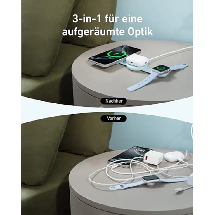 Anker MagGo 3-in-1 Kabellose Ladestation (mit EU/US/UK Stecker), MagSafe-Kompatibles Qi2-Zertifiziertes 15W Ladegerät, Faltbares Reise-Ladepad für iPhone 16/15, AirPods, Apple Watch - Weiß – Bild 5