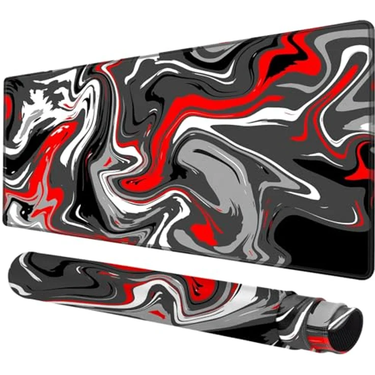 Rcege Großer Gaming-Mauspad mit genähten Kanten, nicht rutschender Unterlage, wasserresistent, Abstract Red, 600L x 300B mm – Bild 1