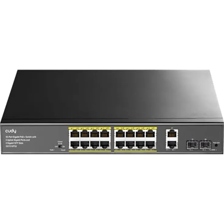 Cudy GS1018PS2, 16 Gigabit Ethernet Unmanaged PoE+ Switch mit 16 PoE+ Ports, 200W, 2 SFP und 2 Uplink-Ports, 19-Zoll-Rackmontage, 802.3af/at