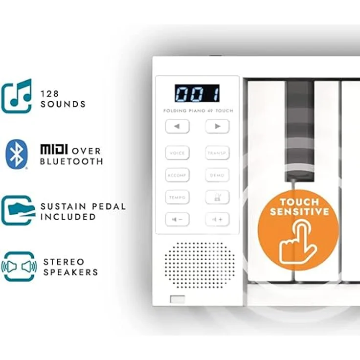 Blackstar FP-49 Touch 49 Tasten, berührungsempfindlich, tragbar, faltbar, mit USB-MIDI-Controller, mit wiederaufladbarem Akku, Weiß – Bild 4