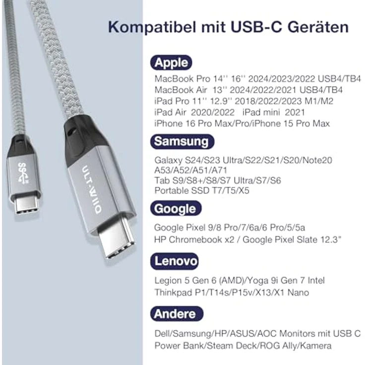 ULT-WIIQ USB C Kabel 3.2 Gen2x2, 20Gbps 240W Schnellladekabel, PD 3.1, 5K60Hz/4K144Hz Videoausgang, 1,5m für Laptop, Handy, Steam Deck, Switch, SSD, Monitor – Bild 5