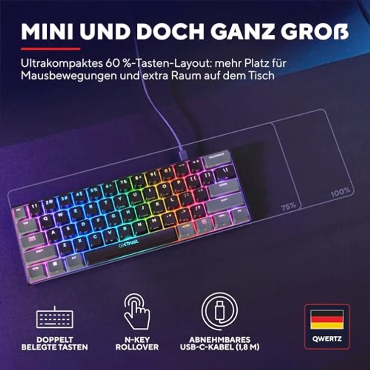 Trust Gaming GXT 867 Acira 60% Mechanische Tastatur, RGB Beleuchtung, Doppelt Belegte Tasten, USB Mini Tragbare Programmierbare, Deutsche QWERTZ Layout, 60 Prozent PC Laptop – Bild 4
