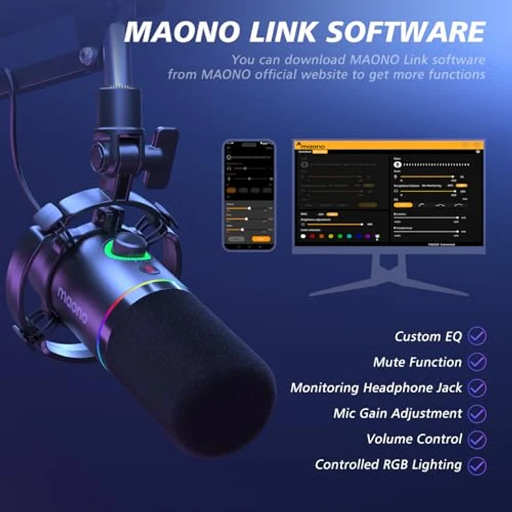 MAONO PD200XS, XLR/USB Dynamisches Mikrofon Set mit RGB-Licht, Stummschalttaste und Gain-Regler, ideal für PC Gaming, Streaming und Podcasting, schwarz – Bild 3