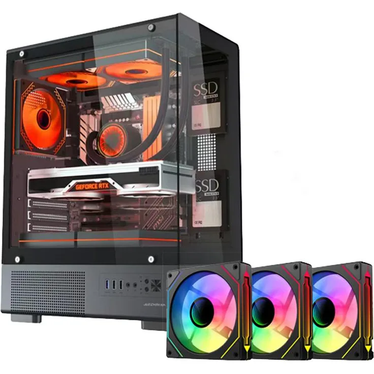 INSMA E-ATX Gaming PC Gehäuse mit Panoramaglas, Tempered Glass, ARGB, 3 Lüfter, bis 320mm GPU und 280mm Radiator, Full Tower, Schwarz