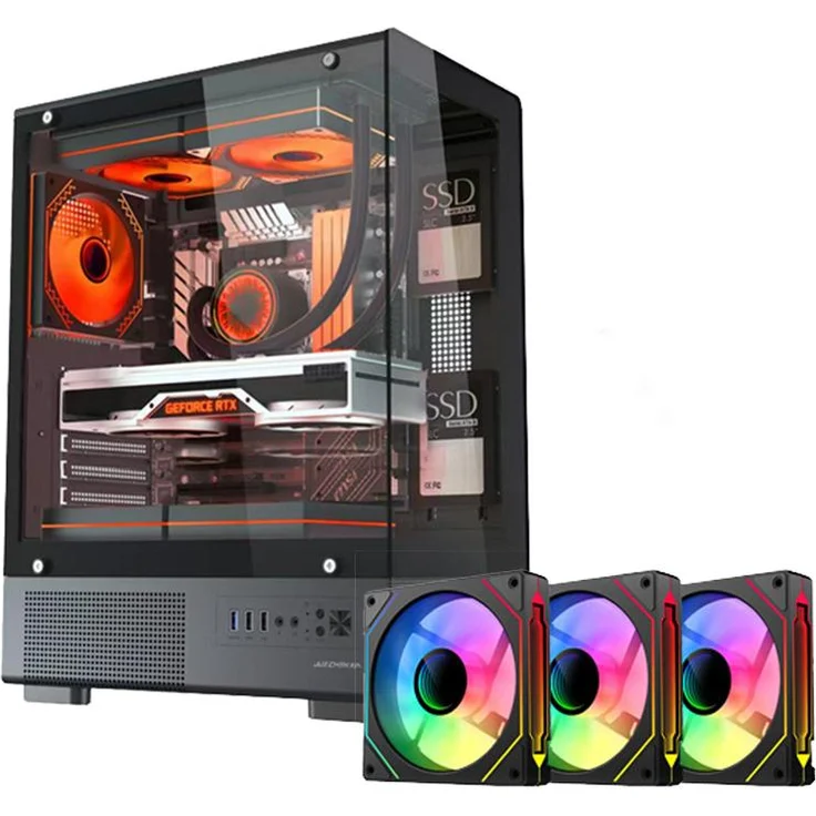 INSMA E-ATX Gaming PC Gehäuse mit Panoramaglas, Tempered Glass, ARGB, 3 Lüfter, bis 320mm GPU und 280mm Radiator, Full Tower, Schwarz