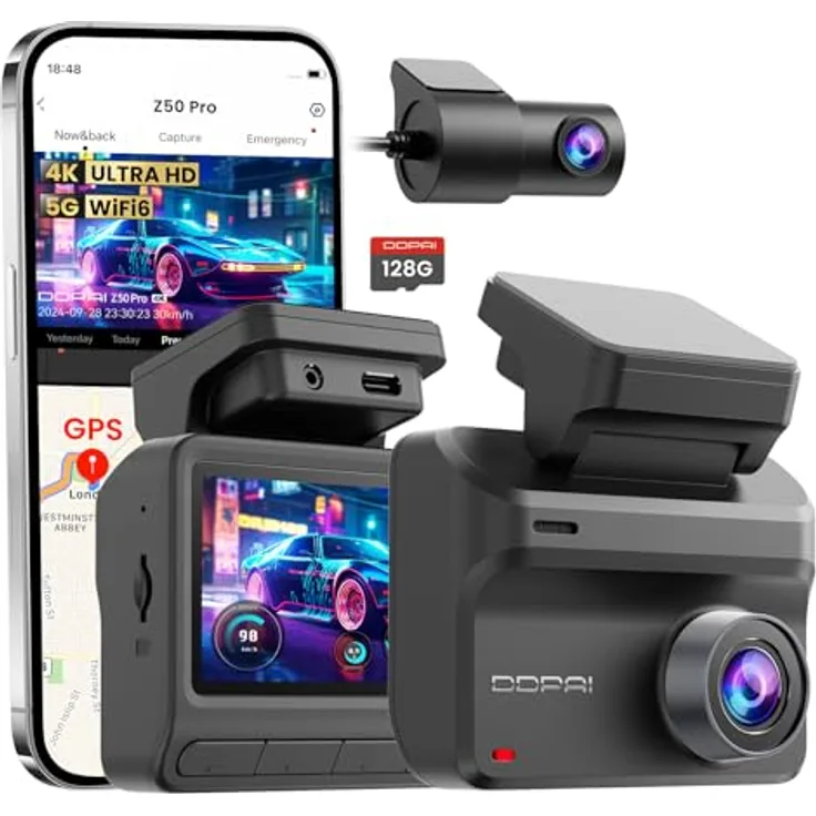 DDPAI Z50 Pro Dashcam Auto Vorne Hinten, Echtes 4K AI-ISP Nachtsicht, 128GB Karte, 4G LTE, 5GHz WiFi 6, GPS, 48H Parküberwachung, G-Sensor, ADAS