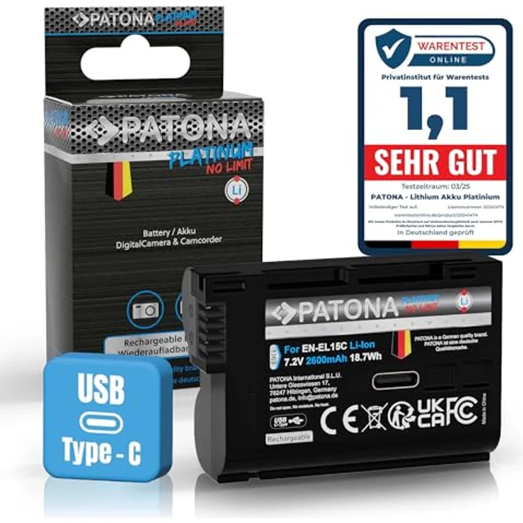 PATONA EN-EL15C Platinum Akku für Nikon, 2600mAh, USB-C, kompatibel mit Z6, Z6 II, Z7, D850, D7500, D500 und mehr – Bild 1