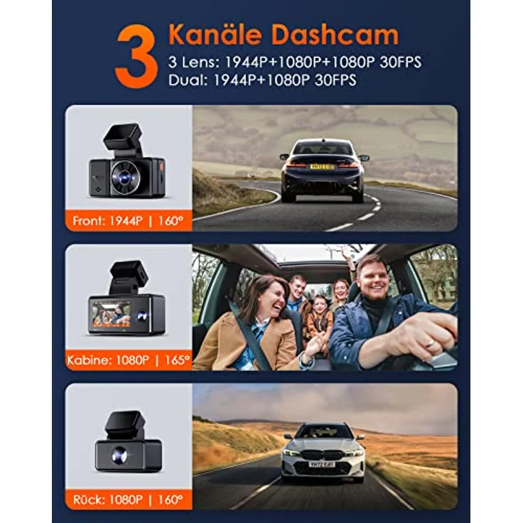 VANTRUE E3 3 Lens 2.7K Dashcam mit 5GHz WiFi, 1944P+1080P+1080P Dash Cam, Sprachsteuerung Dashcam Auto Vorne Hinten, IR Nachtsicht, 24Std. Puffer Parkmodus Autokamera, Loopaufnahme, Max 512G – Bild 2