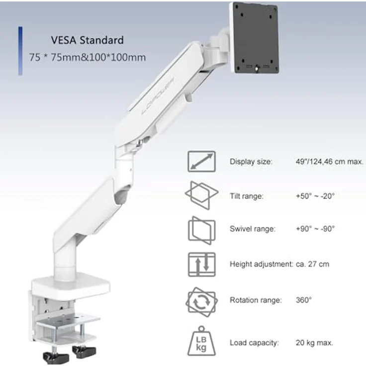 LC-Power LC-EQ-A49W, Monitor Halterung für Bildschirme bis 49 Zoll, VESA 100x100 mm, Weiss, stufenlos höhenverstellbar bis 47 cm, Tragkraft 20 kg – Bild 3