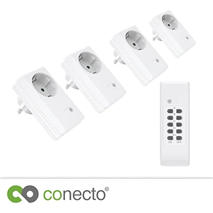 conecto Funksteckdosen Set: 4x Funksteckdose und 1x Fernbedienung, 1100 Watt, weiß – Bild 2