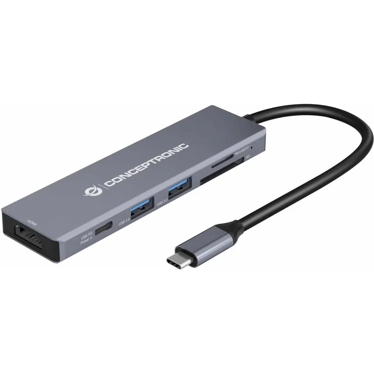 Conceptronic DONN23G - 6-in-1 USB-C Dockingstation - HDMI 4K - USB-C PD 100W - USB 3.0 - SD/TF - Schwarz