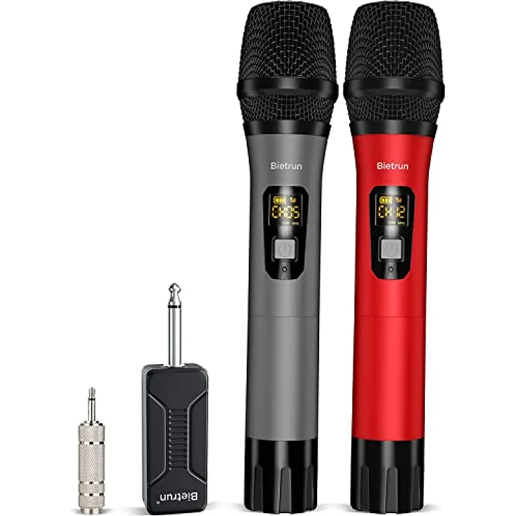 Bietrun Kabelloses UHF-Metall-Dual-Handmikrofon-Set, professionelles dynamisches Mikrofonsystem mit wiederaufladbarem Empfänger und 1/4-Zoll-Ausgang, Plug-and-Play, 50m Reichweite, unidirektional